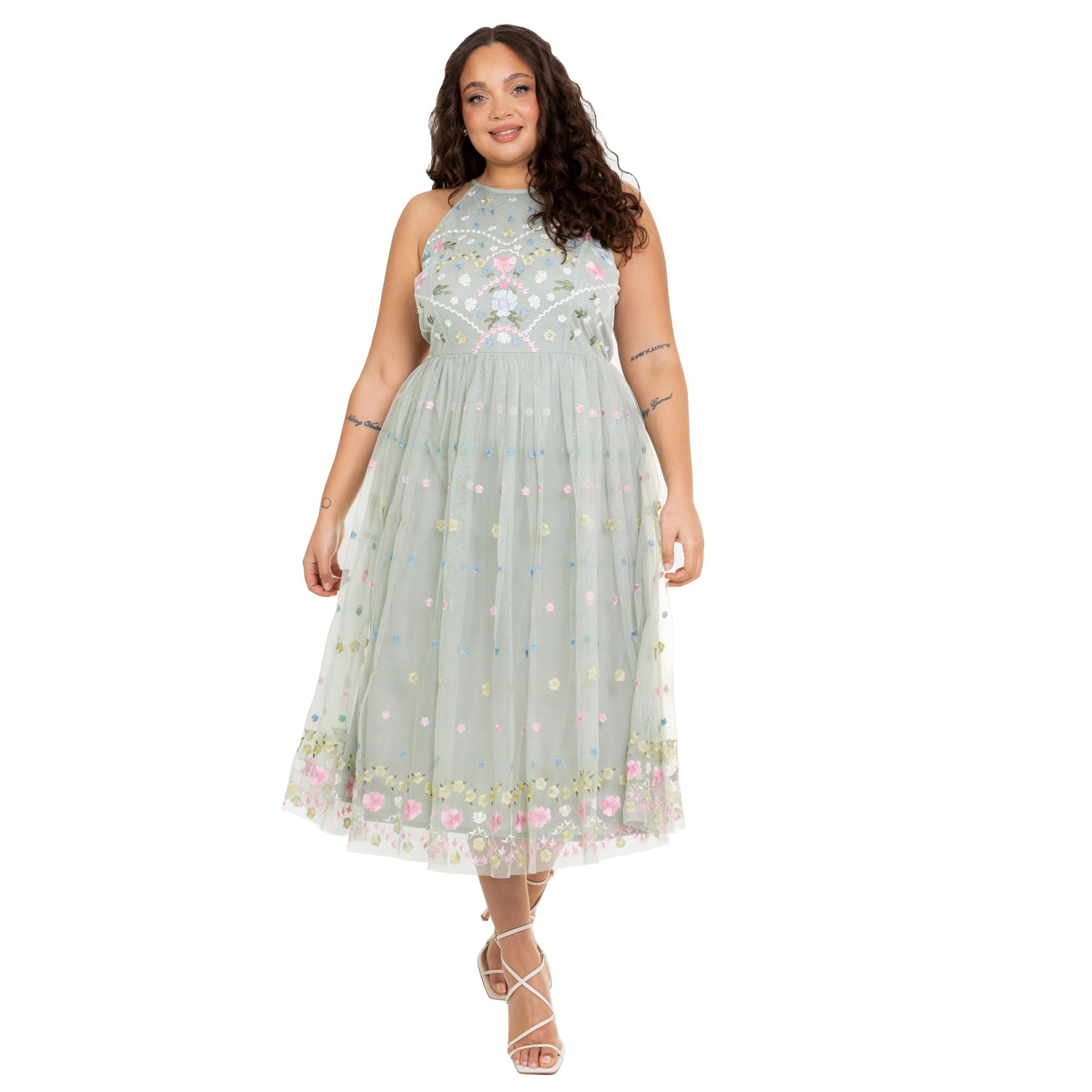 Maya Deluxe Women's Midaxi Dress Ladies Sleeveless Halterneck Floral Embroidered Tulle A-line Bridesmaid Wedding Guest Outfit, Sage Green 12