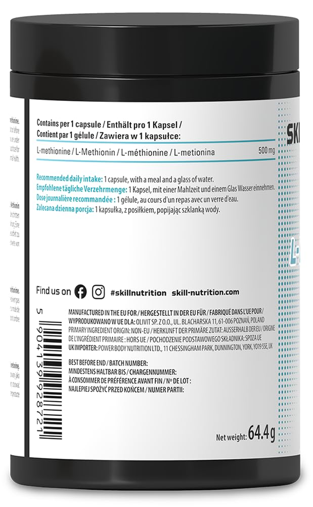 SKILL Nutrition L-Metionina 500 mg | 120 kapsułek wegańskich | Aminokwas siarkowy, wsparcie syntezy białek | Bez cukru, tłuszczu, halal i kosher | Suplement diety