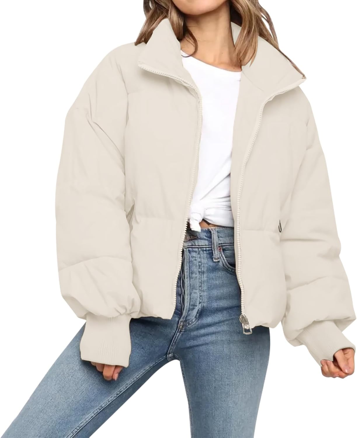 Women’s Winter Cropped Puffer Jacket Coat Casual Quilted Baggy Long Sleeve Zip Down Jackets Outerwear