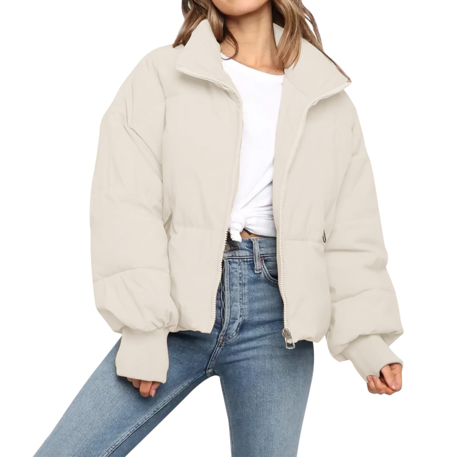 Women’s Winter Cropped Puffer Jacket Coat Casual Quilted Baggy Long Sleeve Zip Down Jackets Outerwear