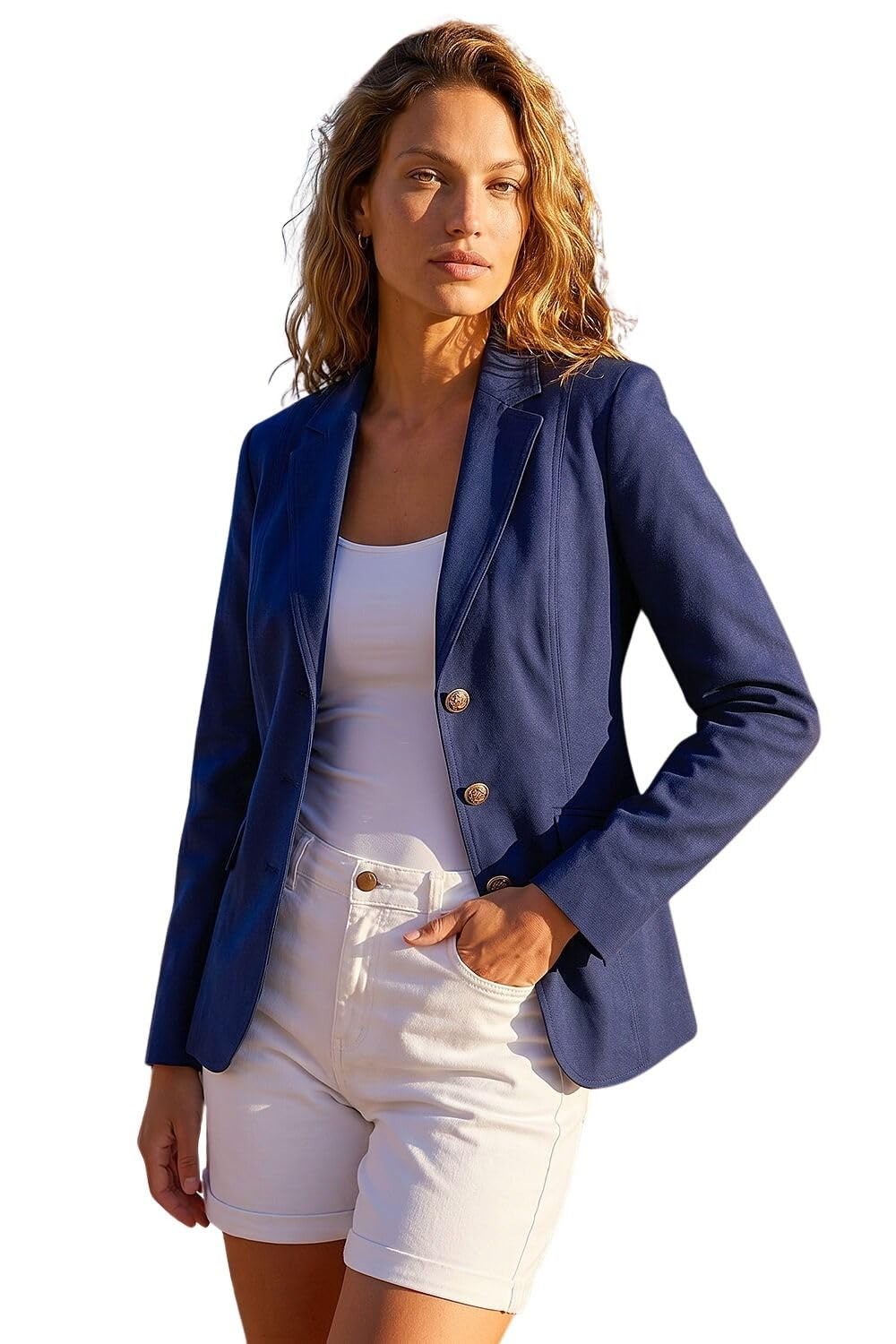 Roman Button Detail Stretch Blazer - Navy