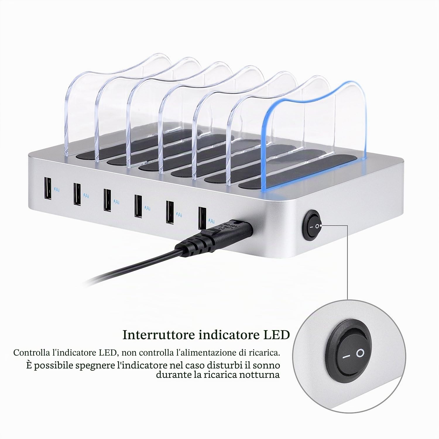 Stazione di Ricarica USB con 6 Corti USB Cavi USB Caricabatterie da Tavolo Multi Dispositivo 6 porte Docking Station & Organizzatore per Cellulare Tablet Auricolari MP3 MP4 (Argento)