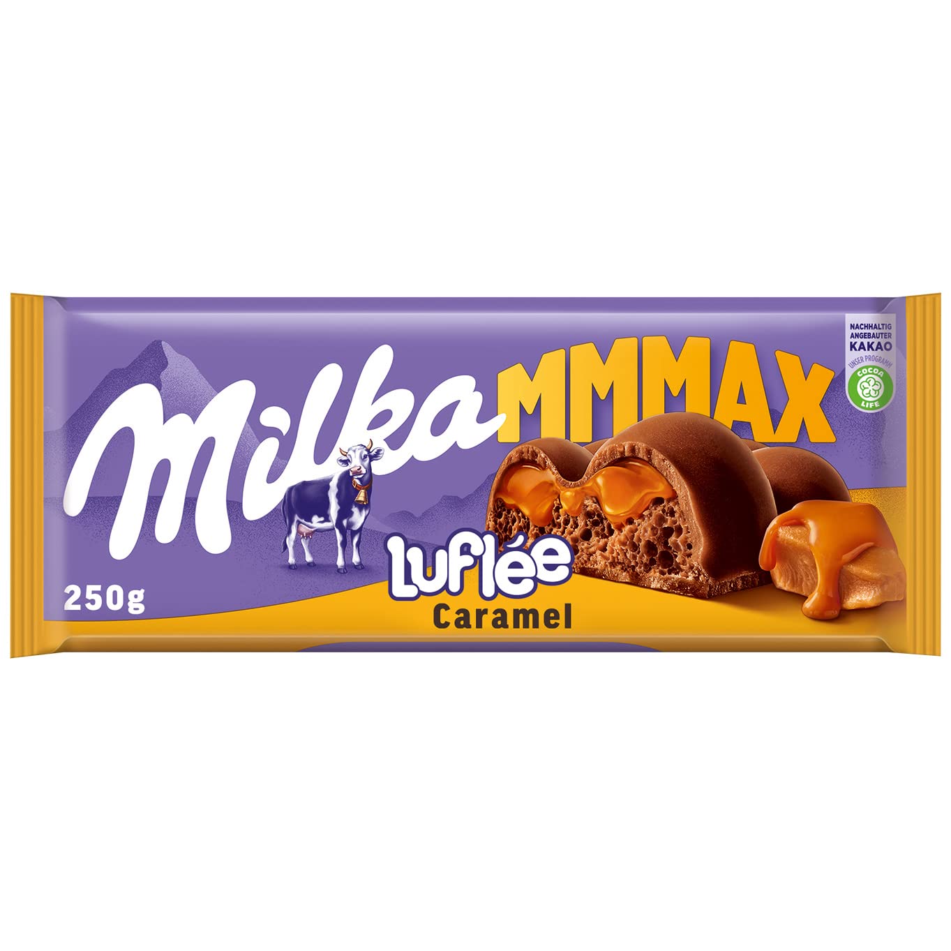 Milka Luflée Caramel Großtafel 10 x 250g, Zartschmelzende Schokoladentafel mit flüssigem Kern und luftiger Alpenmilch