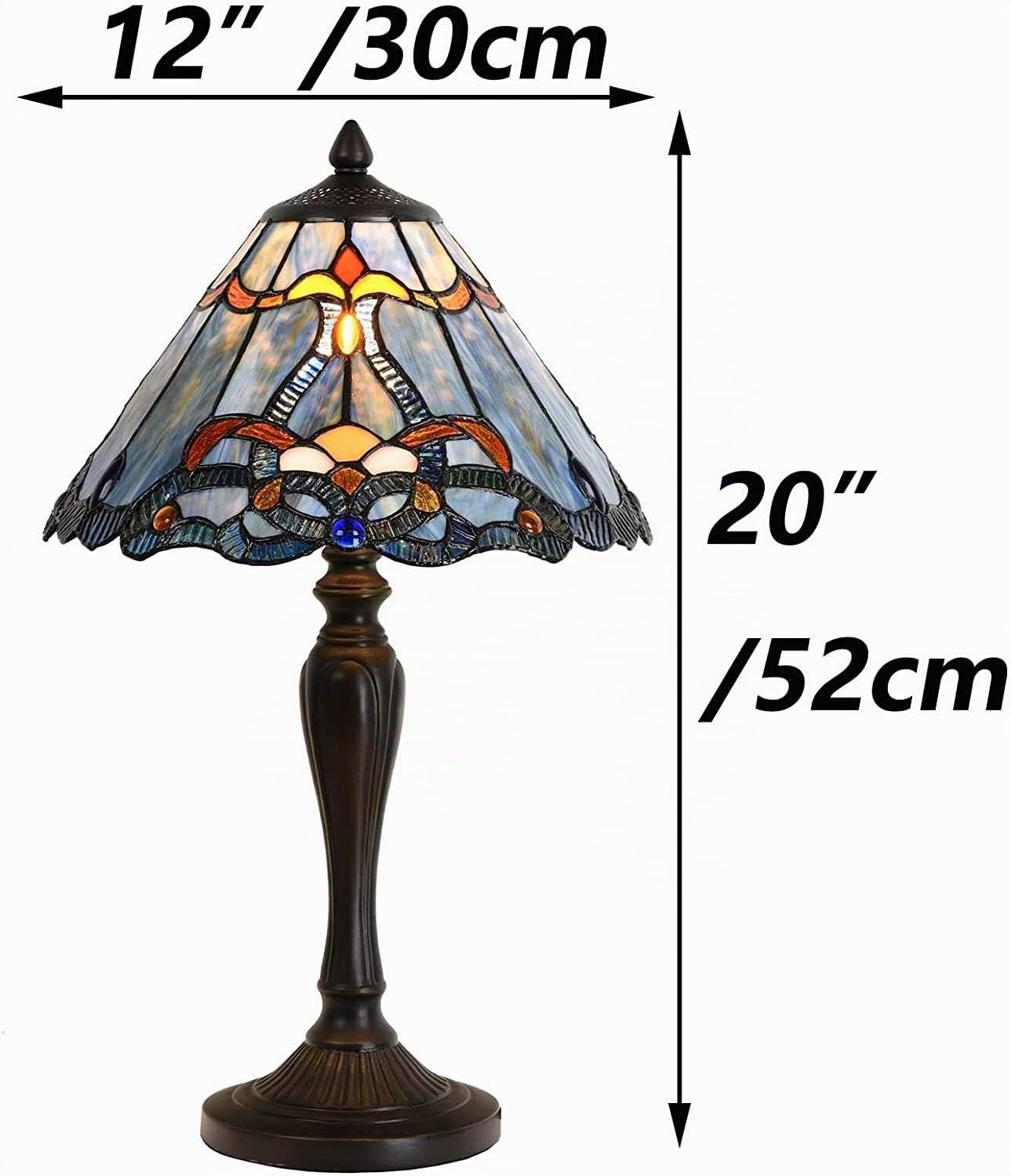 Bieye L30683 Lampada da tavolo in vetro colorato in stile Tiffany barocco, luce notturna con paralume blu largo 12 pollici per comodino, camera da letto, soggiorno, altezza 20 pollici