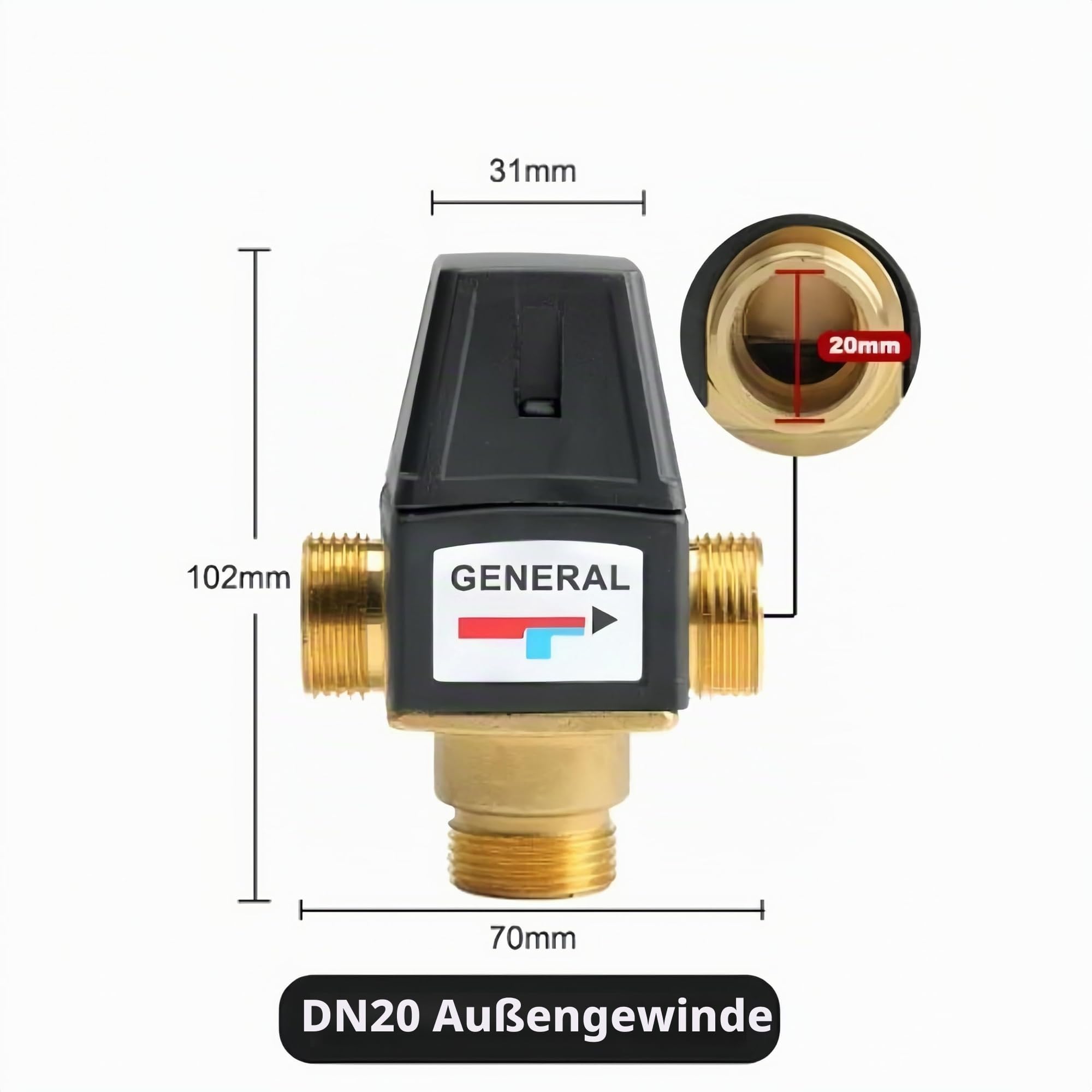 Thermostat Wassermischventil, 3-Wege Außengewinde DN20 Messing Wassermischventil für Solarwarmwasserbereiter Ventile oder passend zu Fußbodenheizung
