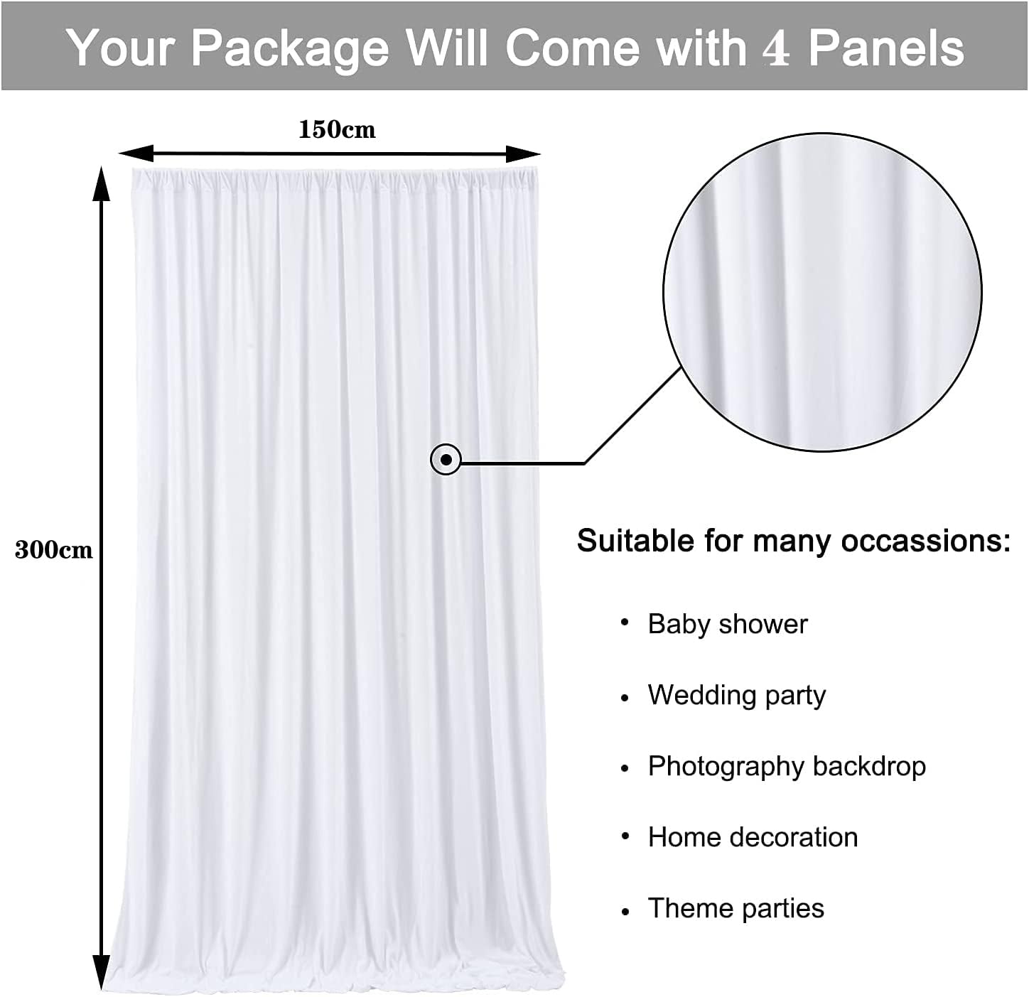 6×3 m Weiß Hochzeit Hintergrund Vorhang, 4 Platten 1,5×3m Faltenfreie Seide Polyester Weißer Fotowand Hintergrund Fotografie, Geburtstag Party Babydusche Deko Kulissen Hintergründe Vorhänge