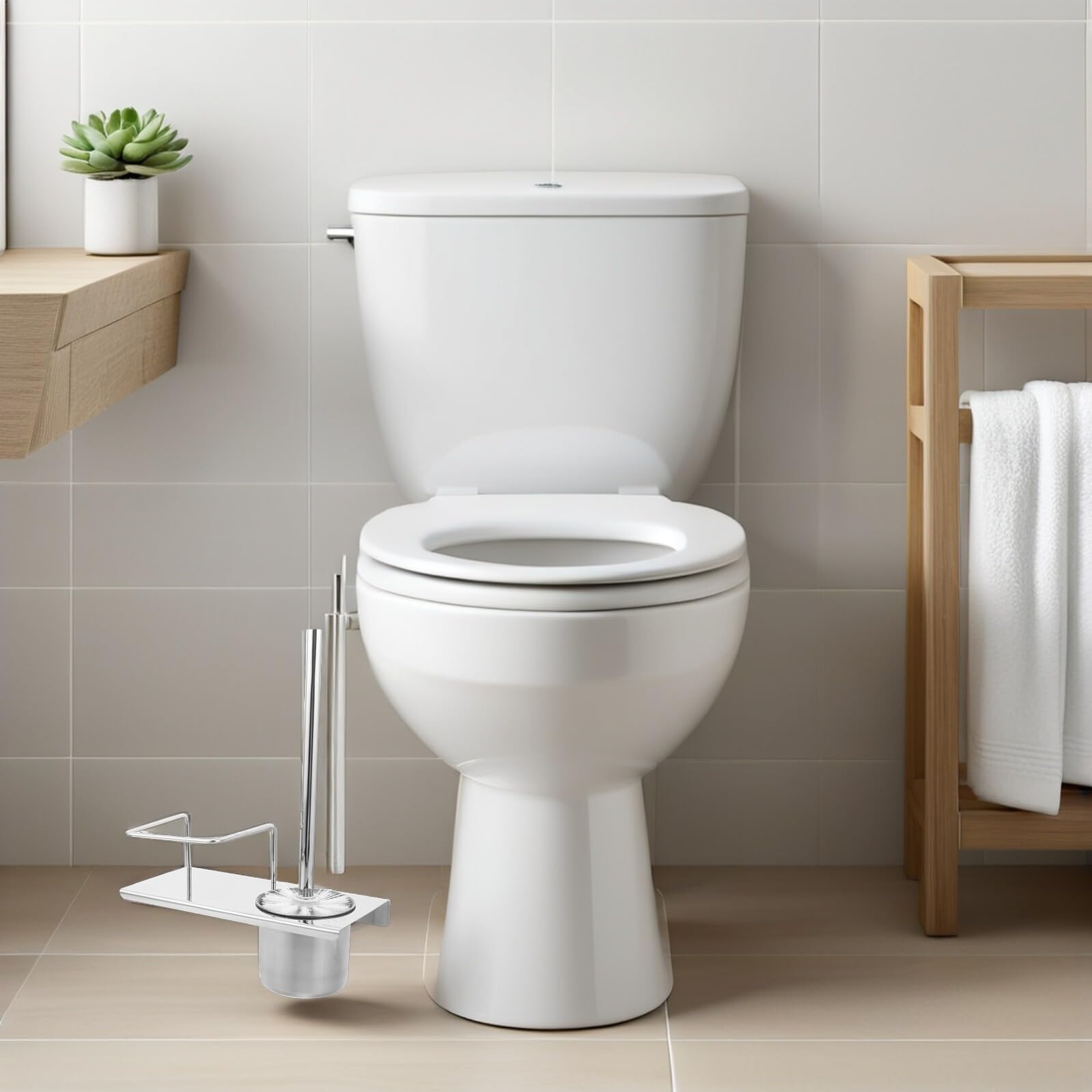 FOMIYES Set de Cepillos y Soporte para Inodoro, Acero Inoxidable, Montaje en Pared, con Estante Integrado para Baño