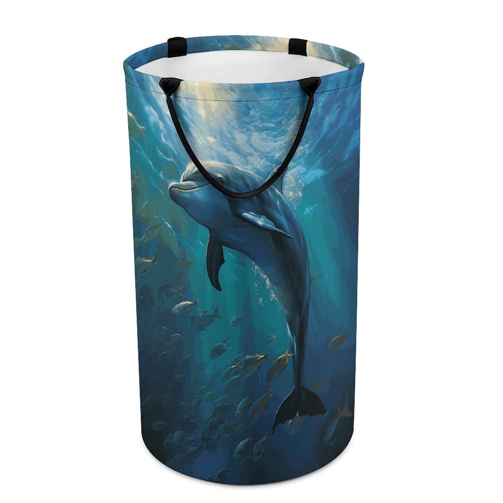 Dolphin in The Deep Ocean Laundry Basket Freestanding Laundry Hamper with Handles Waterproof Dirty Clothes Hamper Collapsible Washing Bin Aesthetic Clothes Basket for Bathroom Bedroom Dorm