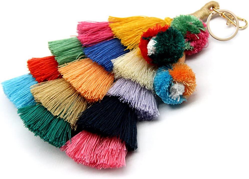 Colorful Keychains Boho Pom Pom Tassel Bag Decorations Charm Wristlet Bracelet Keyring for Women