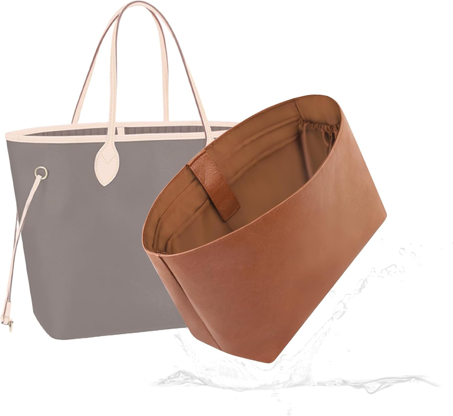 Tote Bag Insert Fit for LV Neverfull MM, Waterproof Surface and Silky Satin Interior (With Zipper and Bottle Holder, Gold)
