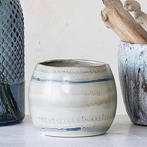 Creative Co-Op Hand-Painted Stoneware Planter with Pattern and Reactive Glaze, White and Blue Creative Co Op Hand Painted Stoneware Planter with Pattern and Reactive Glaze White and Blue