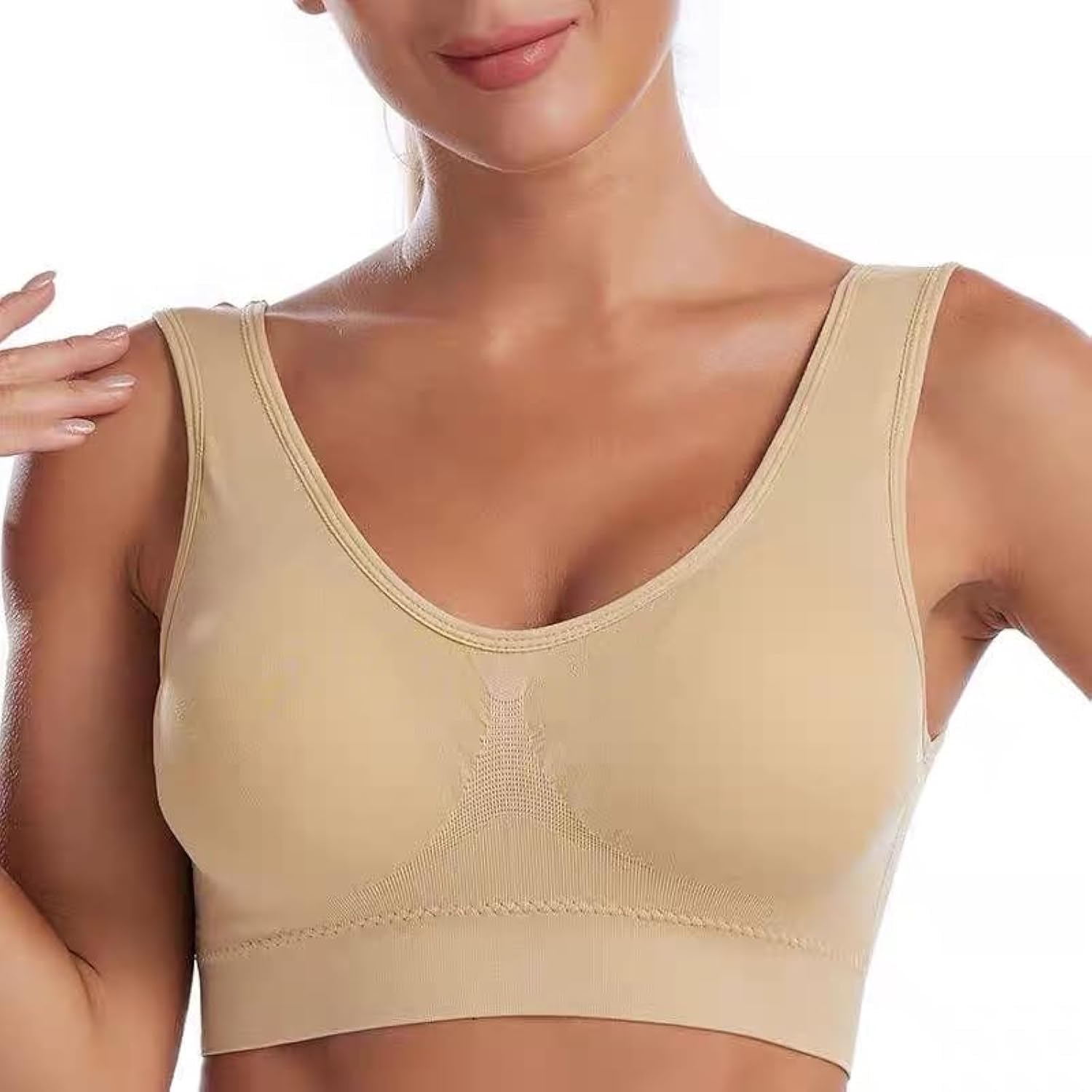 Gkaopi Womens Comfort Bras Sports Yoga Seamless Bra High Impact for Large Breasts Wireless Stretch Support Bounce Control Everyday Beige L
