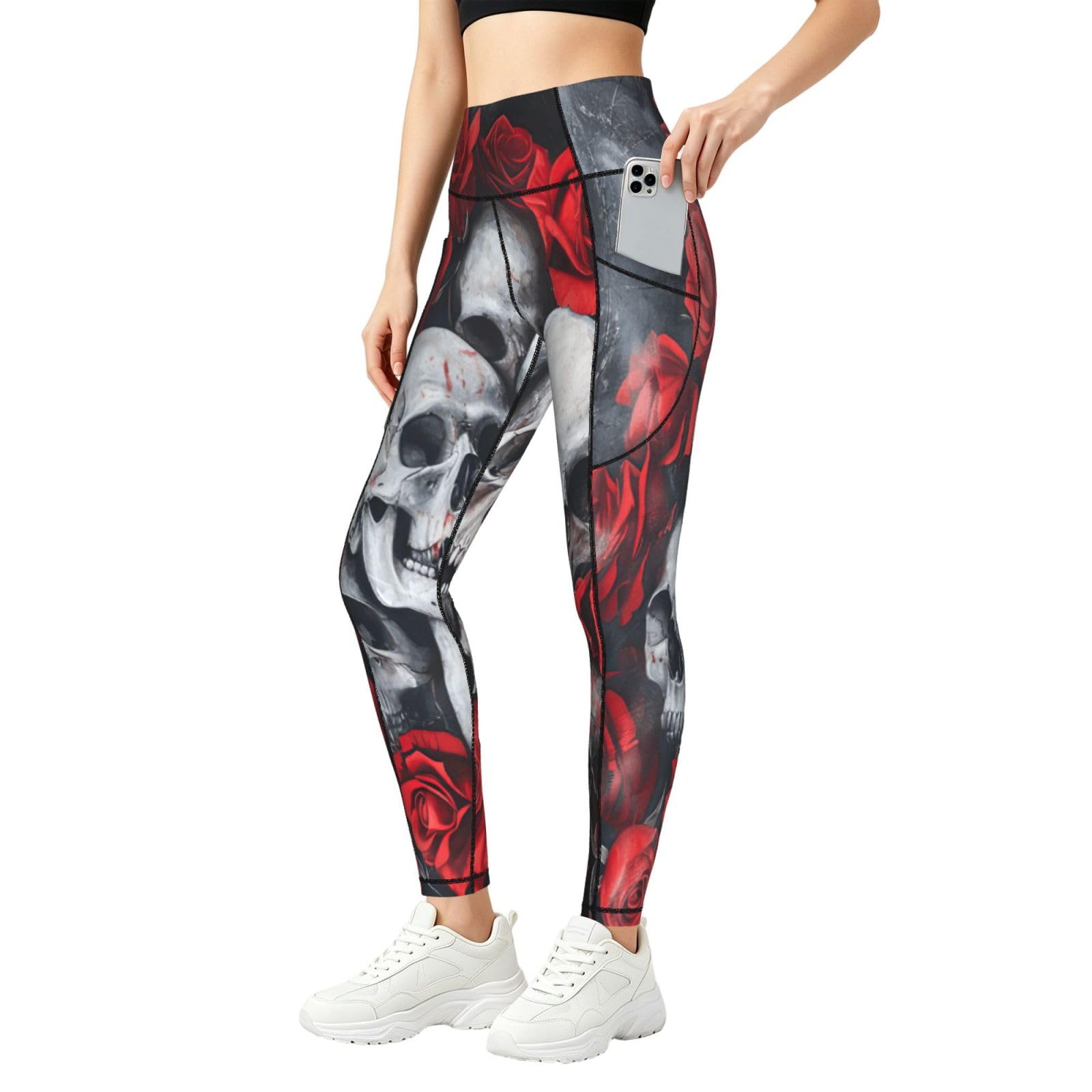 Pantalones de yoga holgados para mujer con estampado de calavera rosa roja y leggings de descanso 8