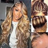 360 Highlight Ombre Lace Front Wigs Human Hair 26 Inch Honey Blonde Body Wave Lace Front Wig 180 Density 360 HD Lace Front Wigs Human Hair Pre Plucked 4/27 Colored Full Lace Human Hair Wig for Women