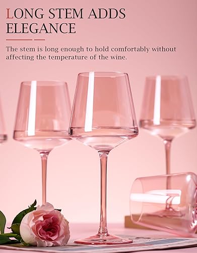Miniatura 3 de Physkoa Juego de 6 Copas de Vino Rosas de 14oz Sopladas a Mano de Cristal Coloreado con Tallo Largo, Copa de Vino Rosa para Amantes del Vino, Boda,