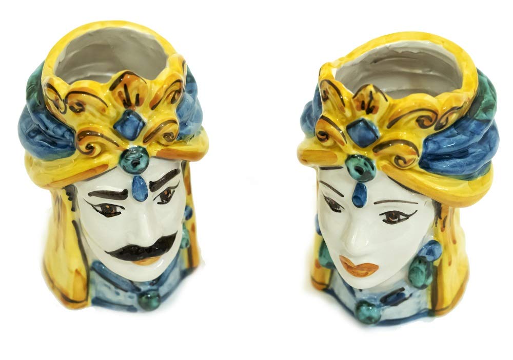 Generico Coppia teste di moro Caltagirone giallo in ceramica siciliana vasetti piccoli 15 cm