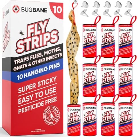 10 Fly Strips Indoor Sticky Hanging with Pins. Fly Trap Fly Paper Strips Indoor Hanging Fly Tape for Indoors and Outdoor. Fly Catcher Fly Ribbon Sticky Fly Traps for Indoors Flypaper. Fruit Gnat Traps Cover