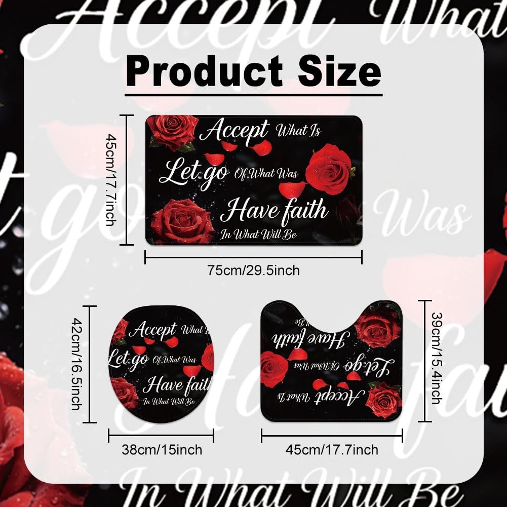 3Pcs Bathroom Rugs Set Washable Red Roses Bathroom Carpets with Toilet Mats Soft Handwritten Text Non Slip Bath Mat for Laundry Hotels Kitchen Tub Home Decor Red Black