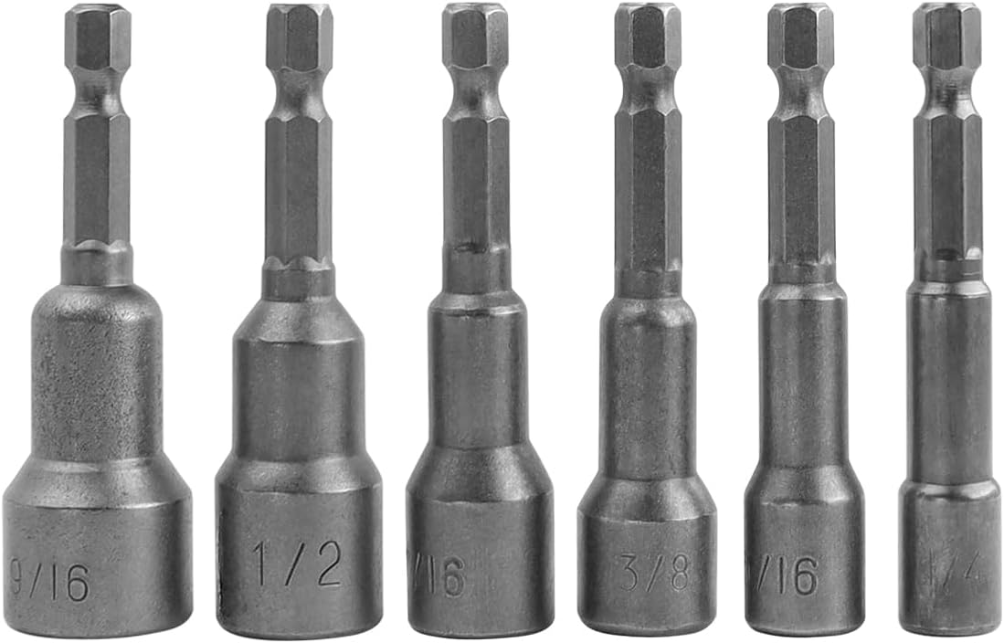 6 Pcs Magnetic Nut Driver Set 1/4" Hex Shank, 65mm Power Nut Setter Set, SAE 1/4" to 9/16" Driver Drill Bits for Impact Drill