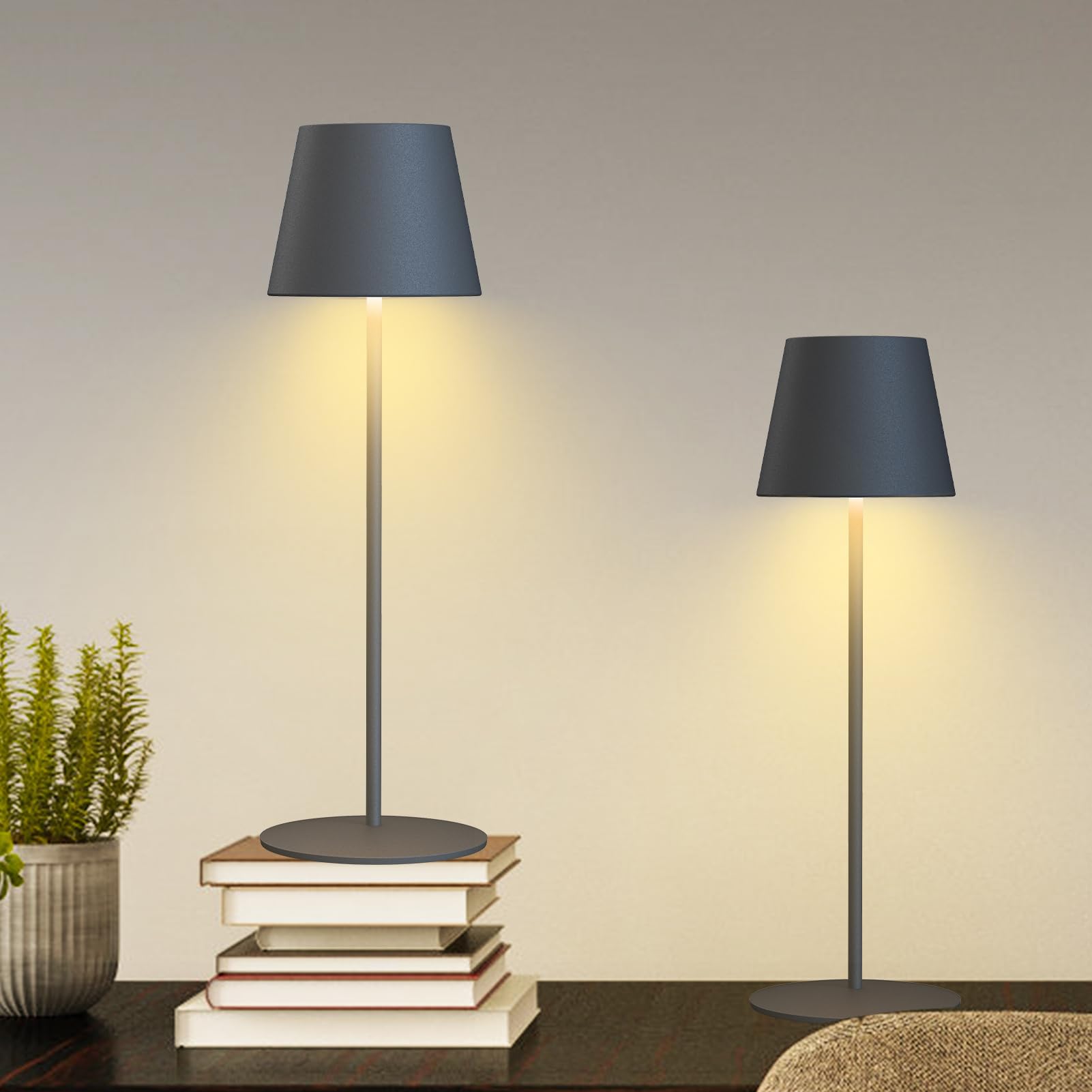 FUYO 2 pezzi Lampada da tavolo senza fili touch lampada da tavolo LED a batteria dimmerabile 3000-6000K con funzione di memoria, IP54 impermeabile per interni esterni camera da letto (Grigio)