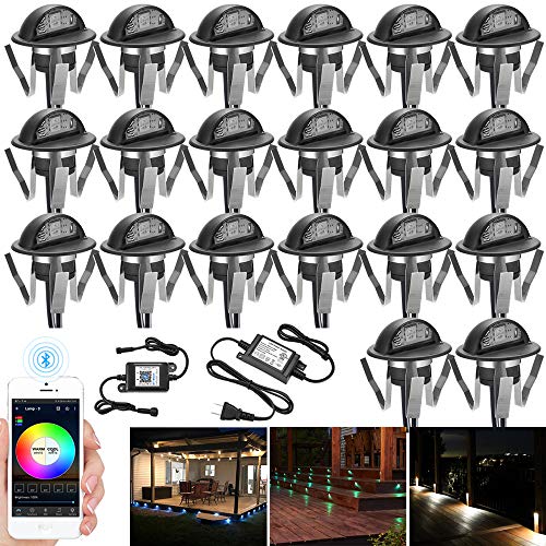 Bluetooth Deck Lights Kit, Sumaote 20pcs Φ1.38" RGB Half Moon Low Voltage Recessed Deck Lights Bluetooth APP Control In-ground Lighting Waterproof Outdoor Yard Path Stair Landscape Decor, Black
