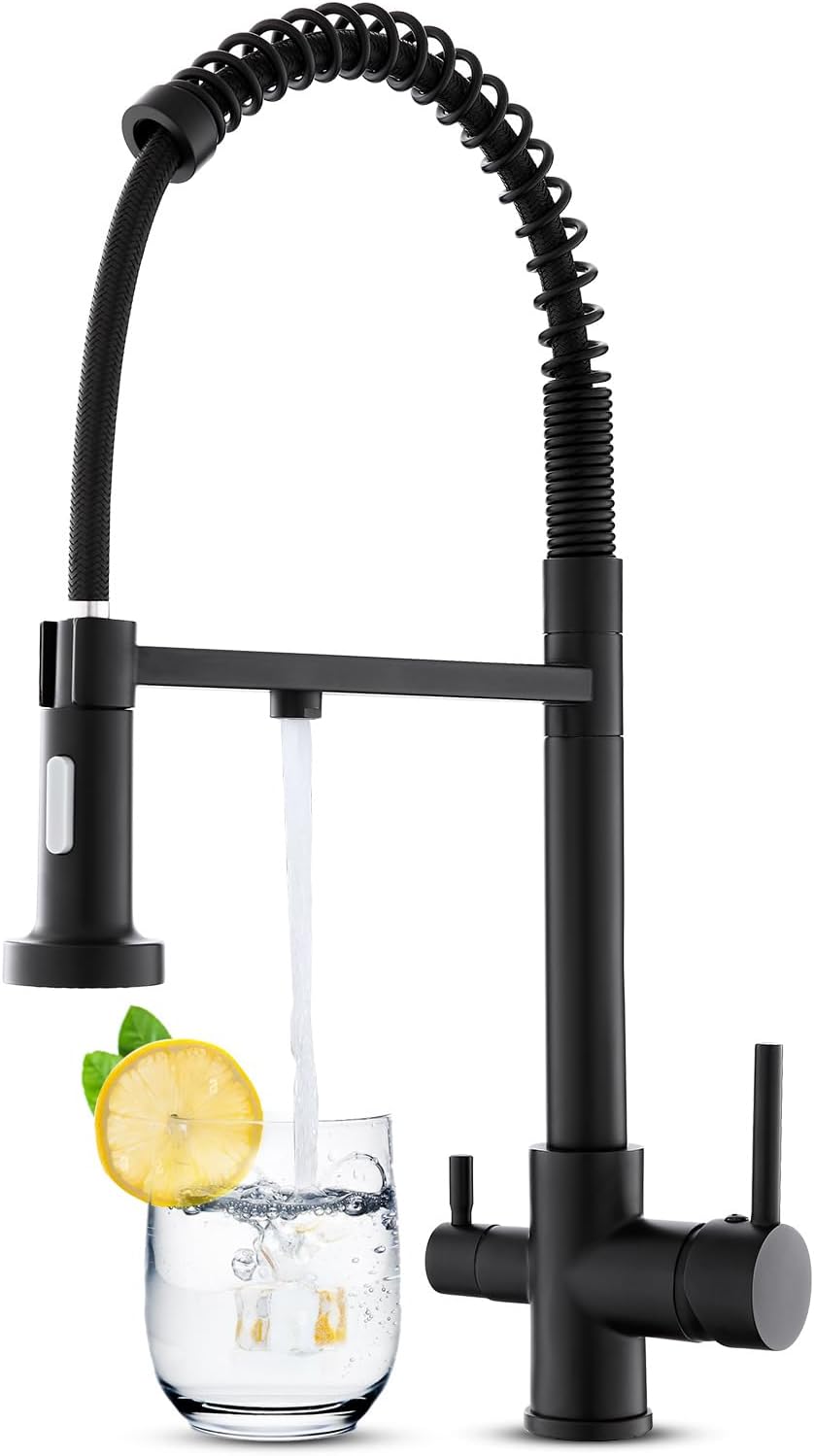 3 Way Tap with Pull Out Sprayer(2 Mode) for Kitchen Sink, Drinking Water Tap, 3 in 1 Sink Tap with Dual Handle, Spring Triflow Kitchen Faucet with Water Filter Mixer Black UK Standard