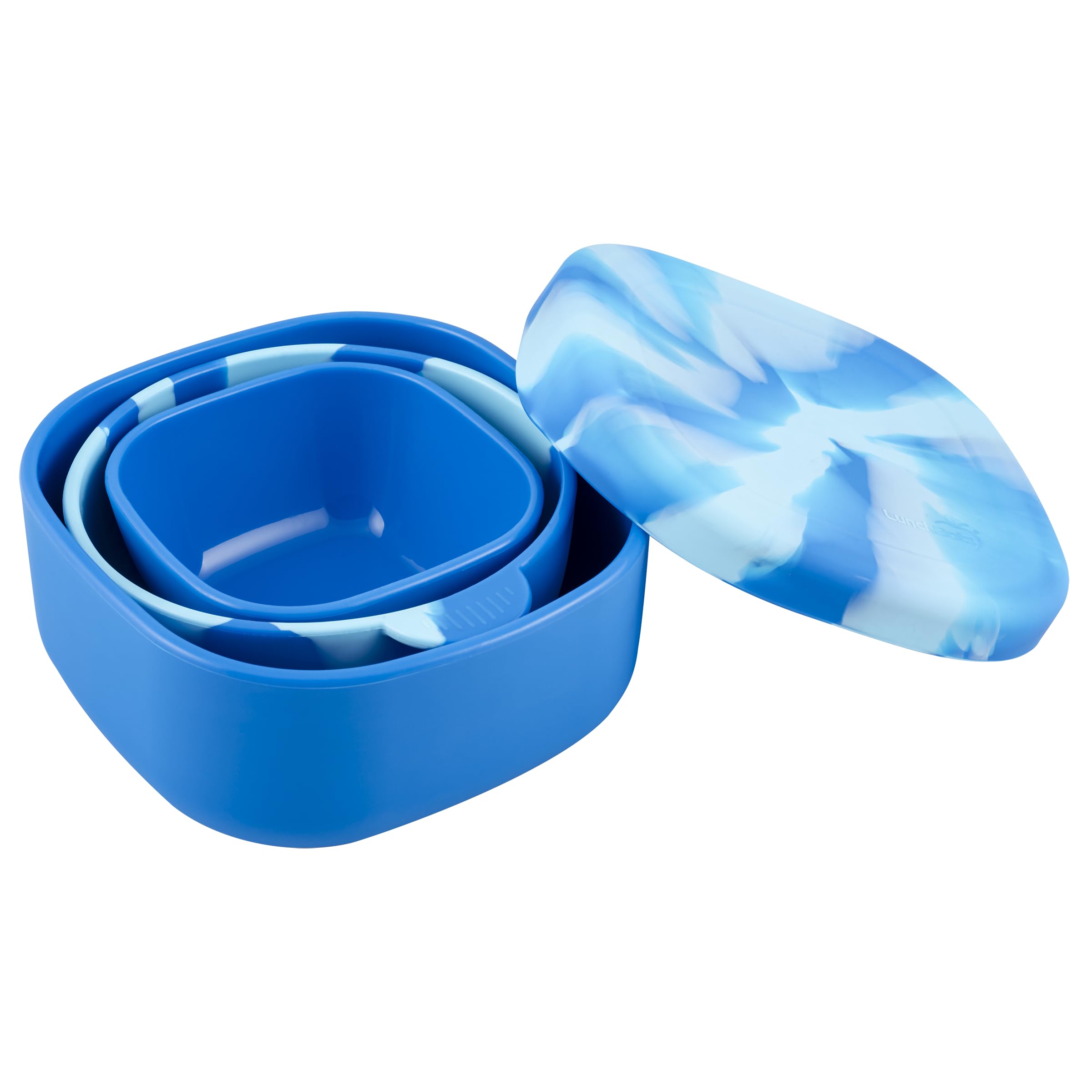 LunchBots Silicone Bowl for Kids, Stackable Nesting Bowl Set of 3 with Lid, Portable Travel Bowls, Dishwasher Safe, 9/18/33 oz (Blue Swirl)
