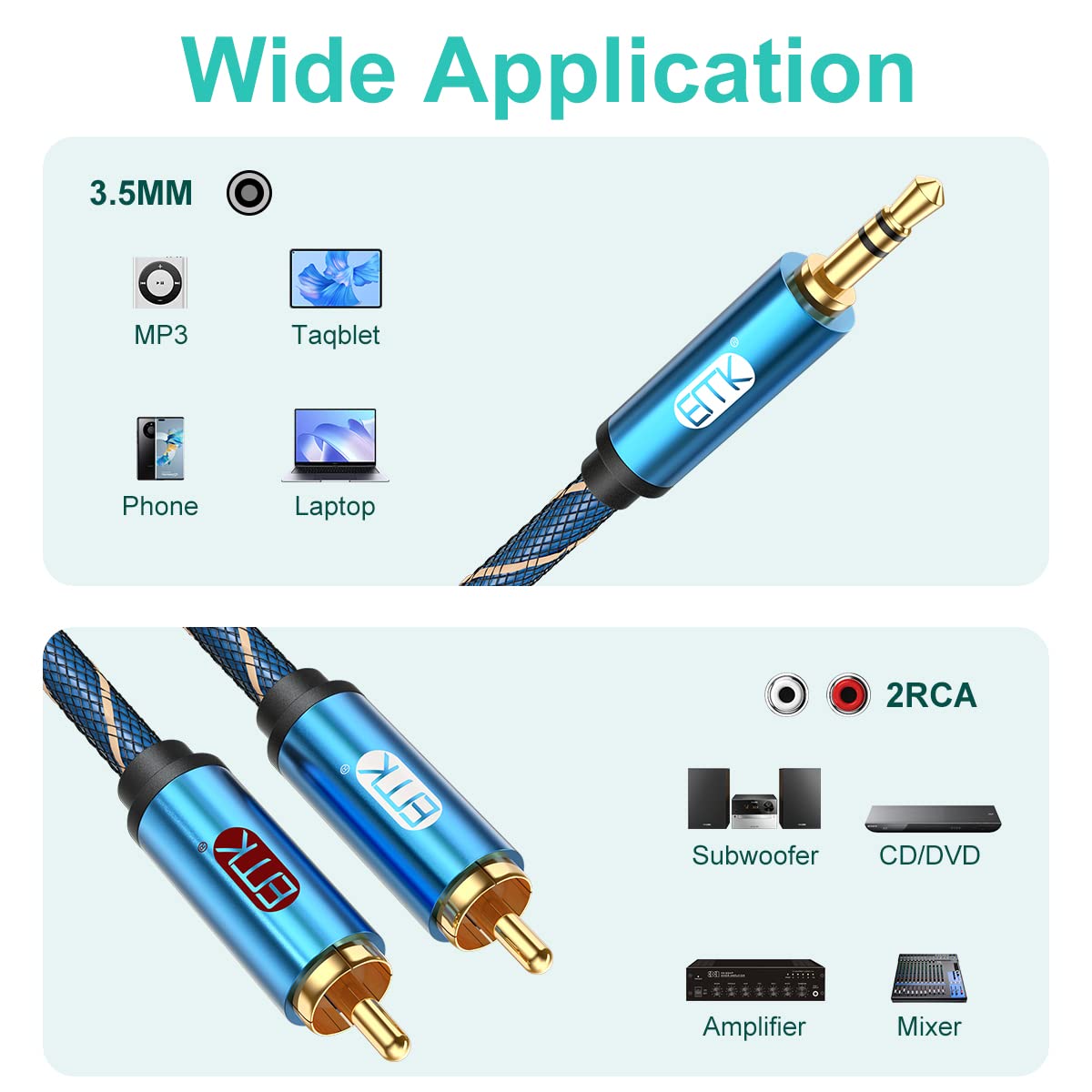 EMK Kabel 2RCA Y 3,5 mm do 2 RCA Audio Kabel Aux Nylon Pleciony męski do 2rca Kabel łączy smartfon, Luidsprekers, gramofon, TV (Straight Aux-3 m)