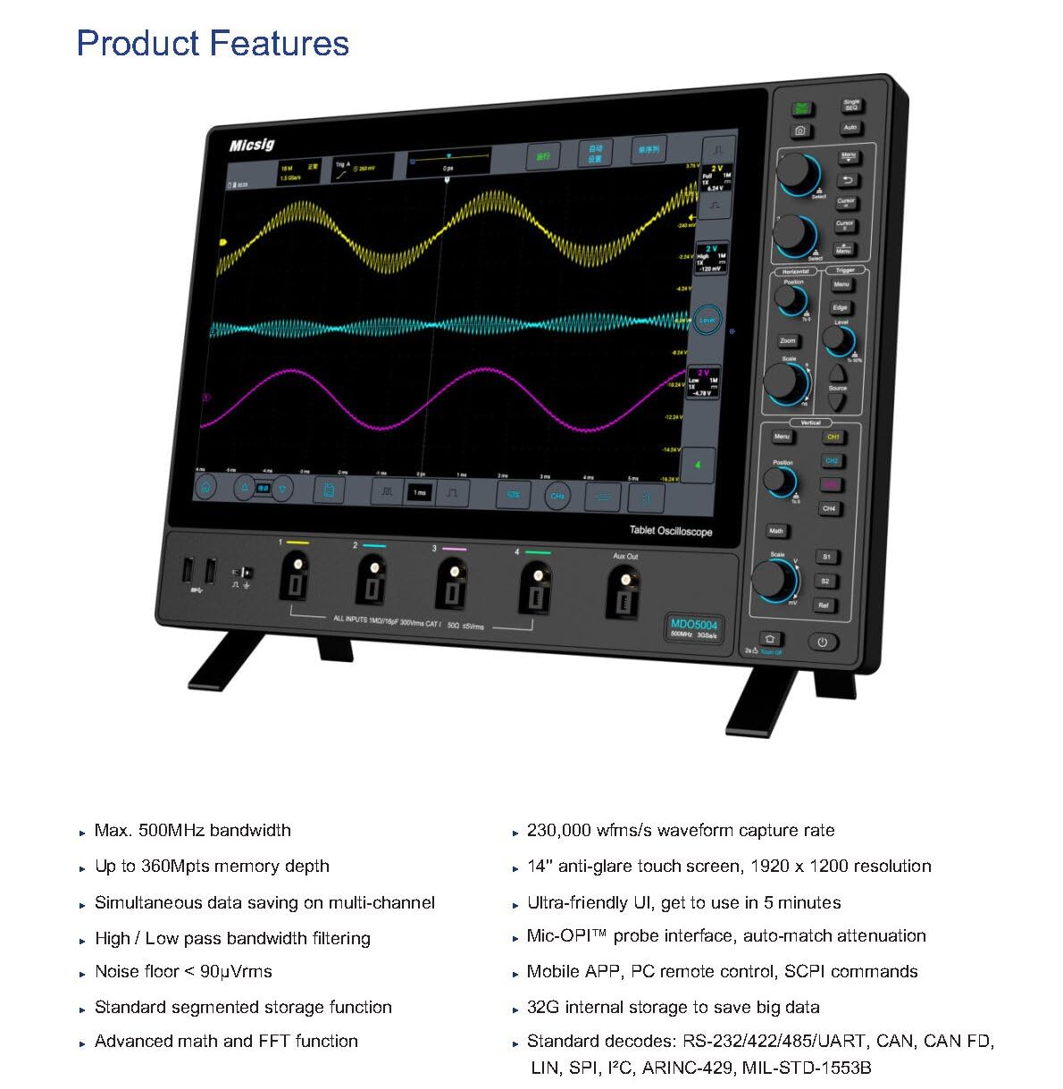 Micsig Oscilloscope numérique à stockage 250 MHz, fréquence d'échantillonnage 3 GSa/s, profondeur de mémoire 360 Mpts, 4 canaux, écran tactile plein de 14 pouces (MDO2504 250MHz)