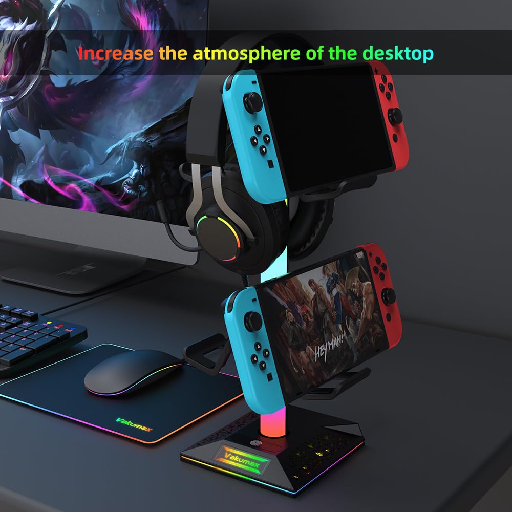 Supporto RGB per cuffie e controller con hub di ricarica USB, supporto per cuffie da gioco per scrivania, 2 porte USB-A e USB-C, contiene 4 controller, 10 modalità di illuminazione per PS5
