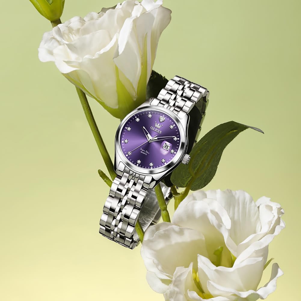 OLEVS Stainless Steel Watches for Women, Luxury Silver Ladies Watch with Date, Waterproof Analog Quartz Dainty Womens Watches, White/Pink/Blue/Purple Dial - Image 4