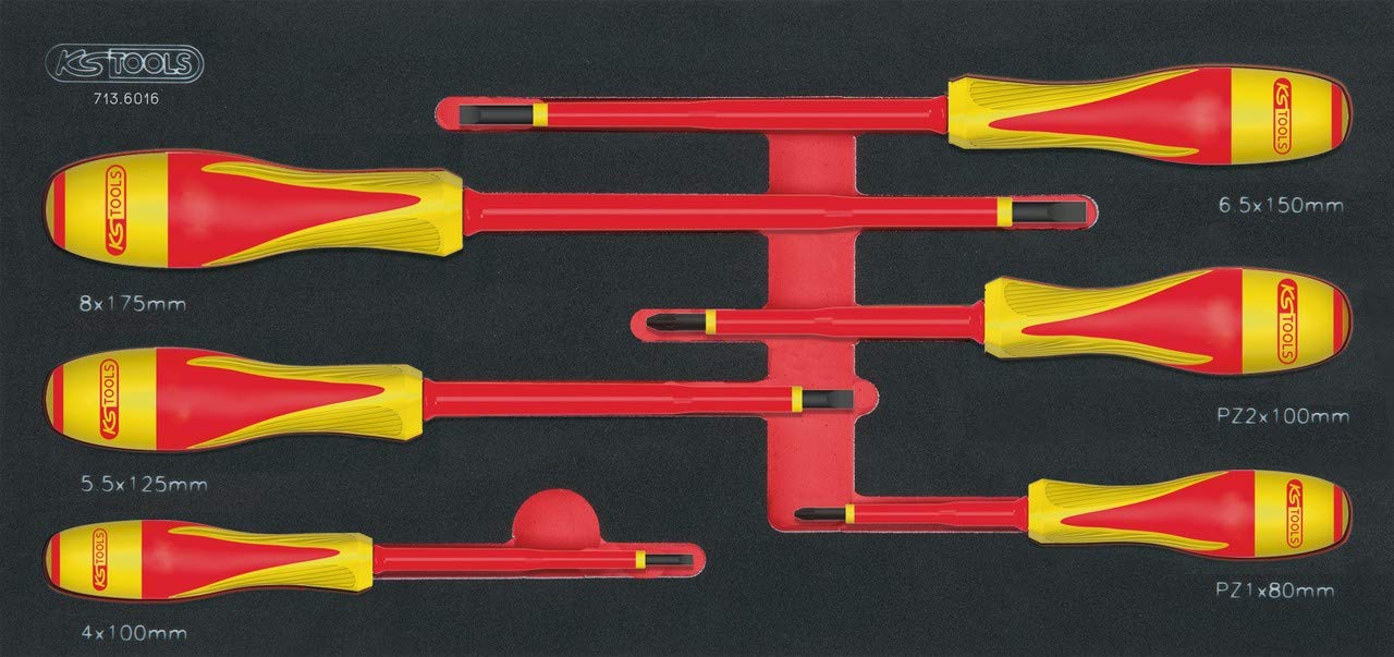 KS Tools 713.6016 Module de tournevis isolés 1000V Fente - Pour vis | Module de tournevis isolés 1000V ULTIMATE Fente - POZIDRIV®, 6 pièces, chrome vanadium, vissage précis