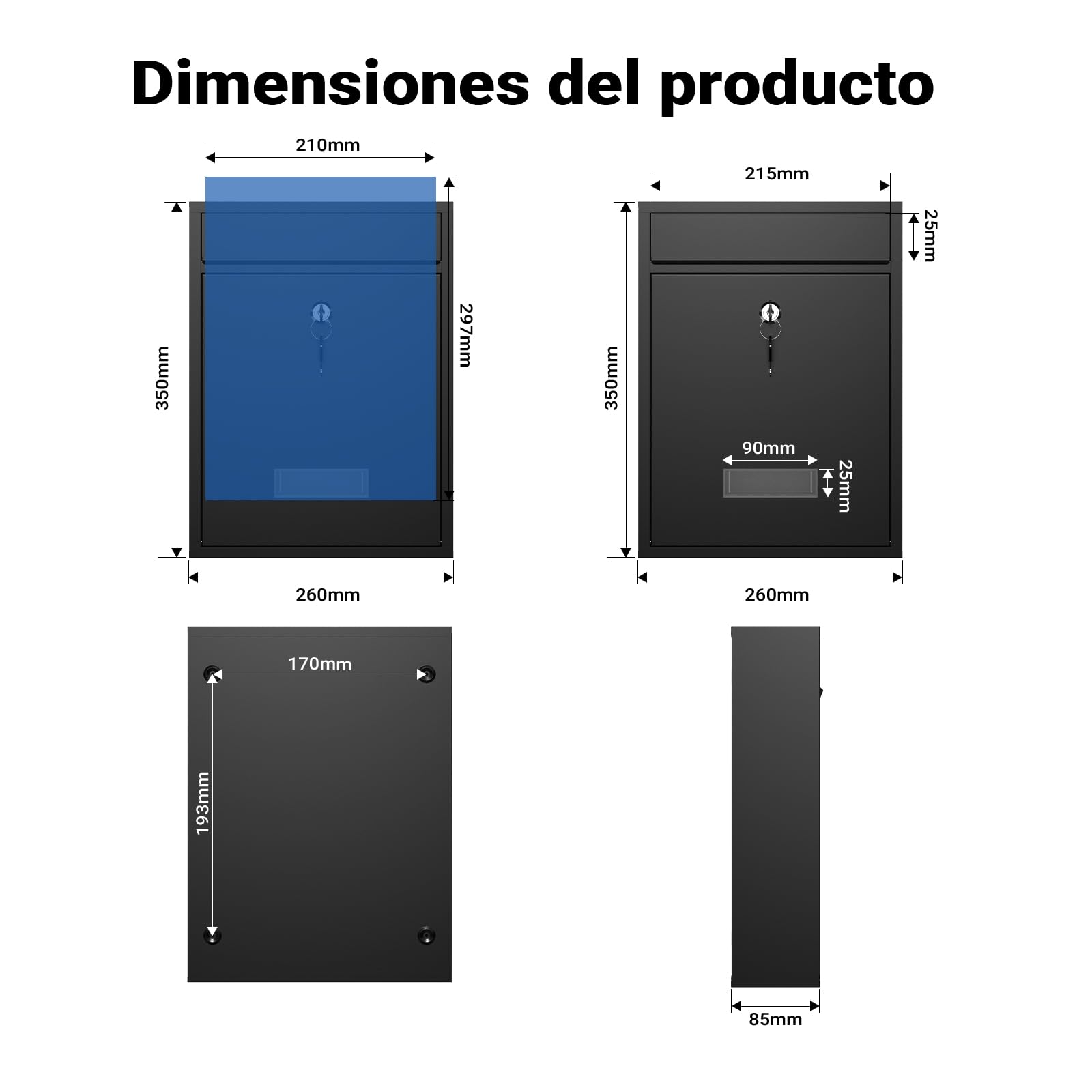 Wiltec Buzón de Pared Color Negro V10 con Placa de identificación, Amplia Ranura para Cartas y 2 Llaves buzón de Acero con Recubrimiento en Polvo para Montaje en Pared