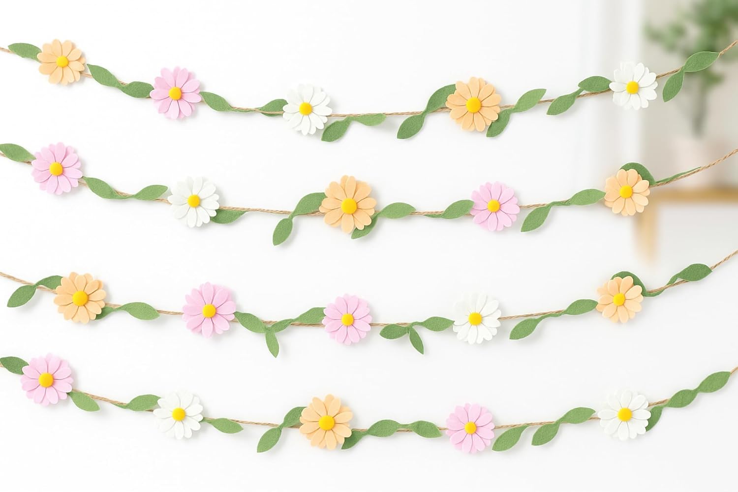 Janinka 5 Pcs Wool Felt Daisy Banner Garland Daisy Party Decorations, Wildflower Garland Birthday Decorations for Wedding Party Birthday Supplies(Boho Color)