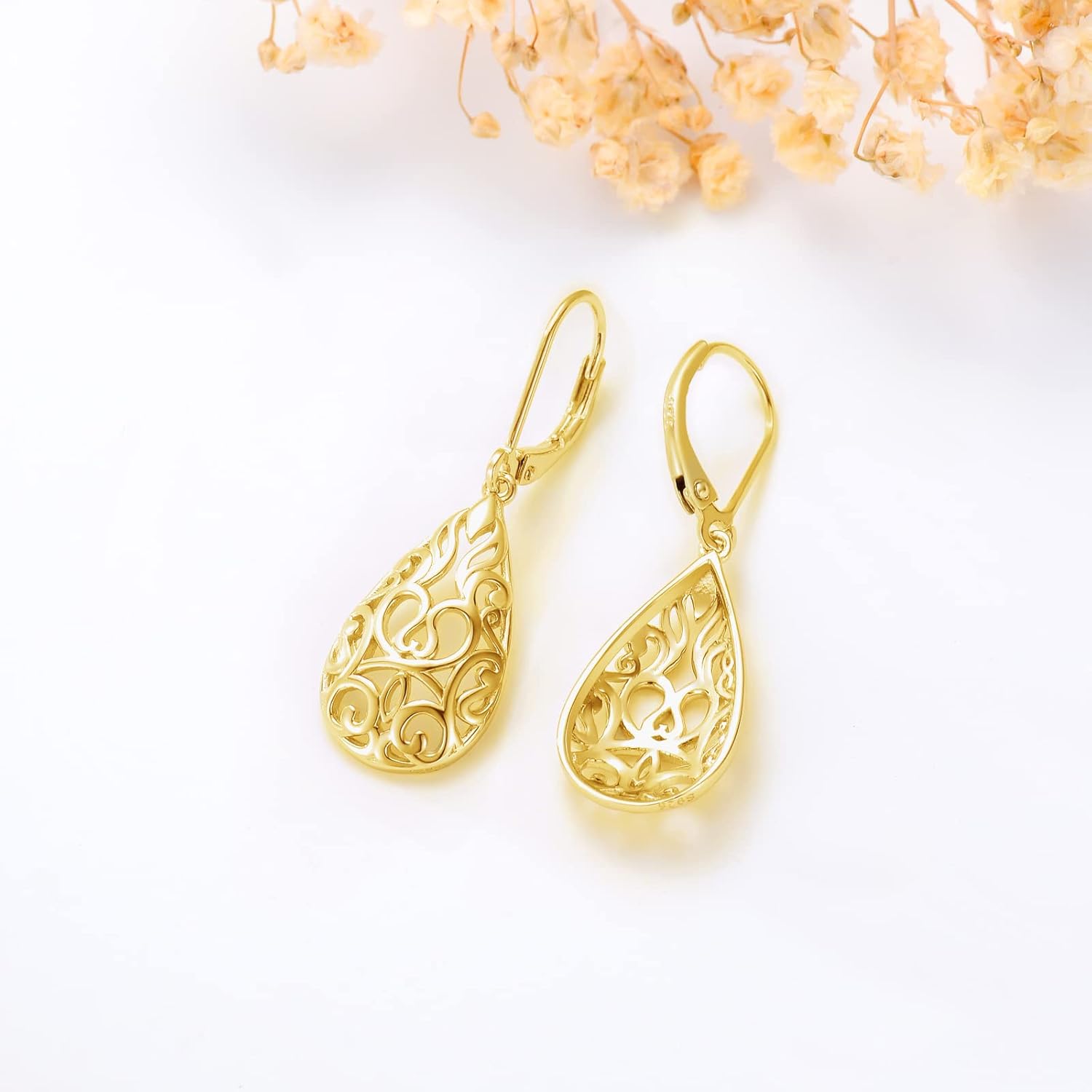 VONALA Filigree Teardrop Earrings for Women Rose Gold Plated /Gold Plated / Moonstone / Abalone / Turquoise / Blue Crystal / Green Crystal Teardrop Dangle Earrings Filigree Leverback Earrings for Women Teens Girls Birthday Gift - Image 4