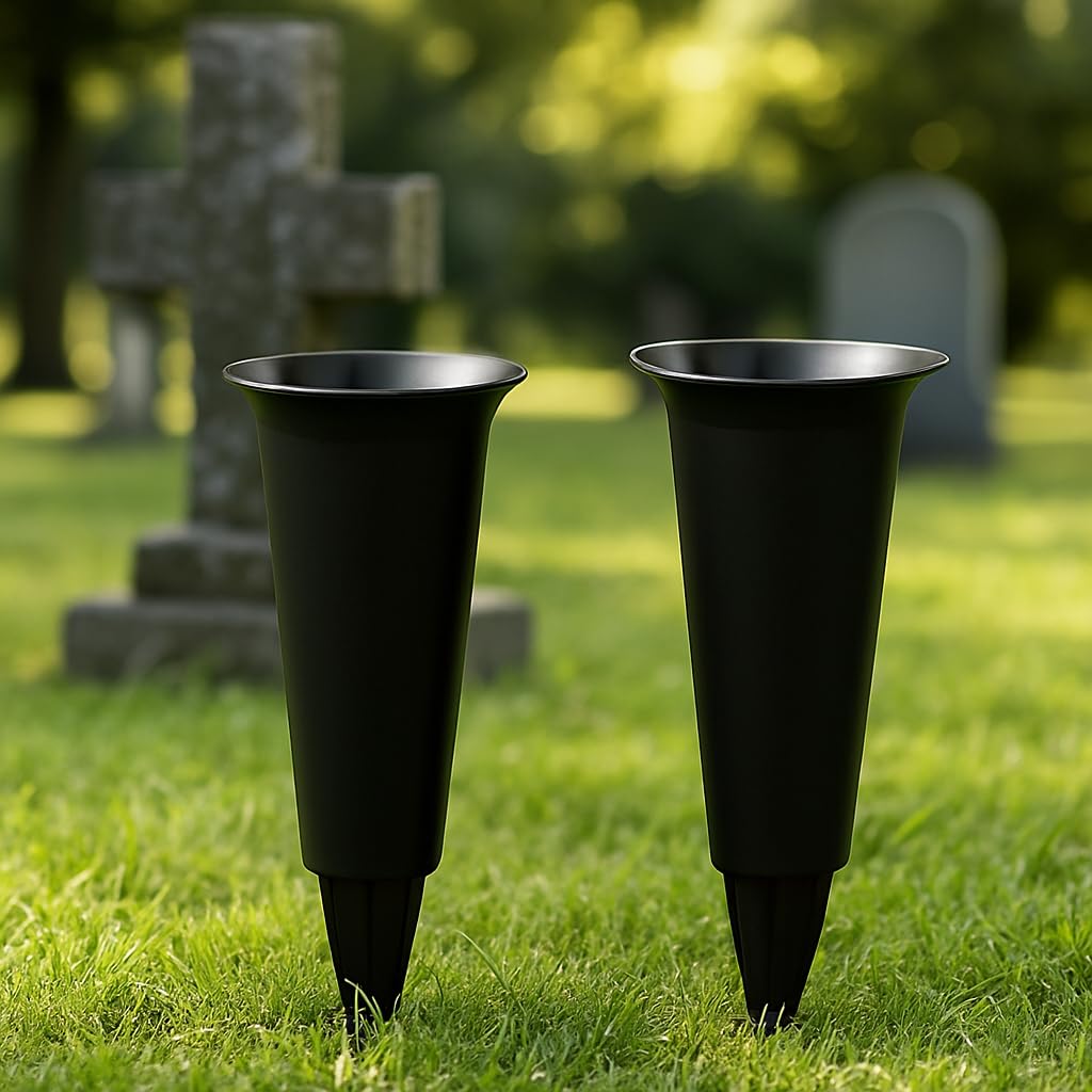 Amerise Pack of 2 Grave Vases with Spike - Weather‑Resistant Black Memorial Flower Holders for Graveside, Cemetery Vases for Fresh or Artificial Flowers, Durable Plastic with Grid Inserts (Plain)