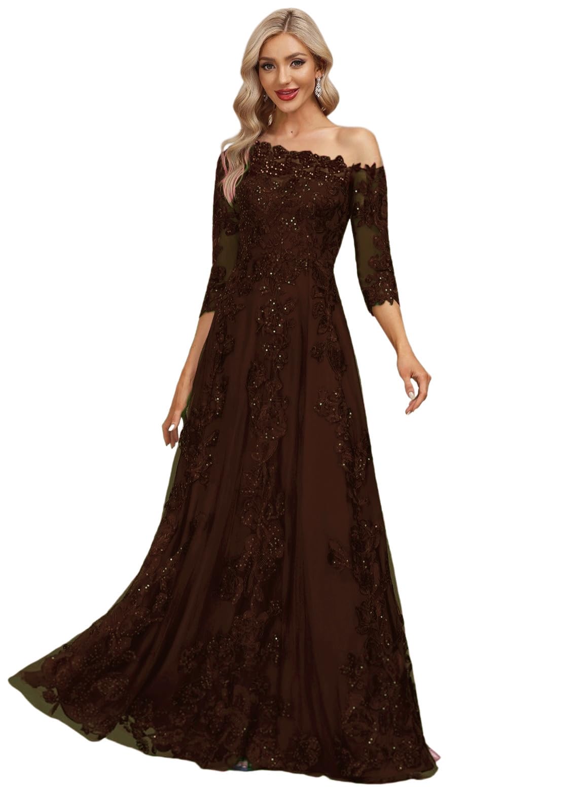 Long Sleeve Mother of The Bride Dresses for Women A Line Lace Appliqued Formal Dress One Shoulder Tulle