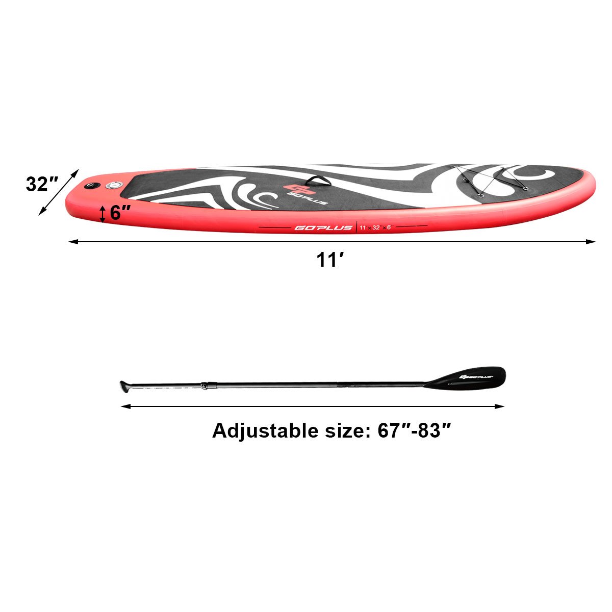 11’ Inflatable Stand up Paddle Board Surfboard Adjustable Paddle Carry Bag Manual Pump Repair Kit Removable Fin