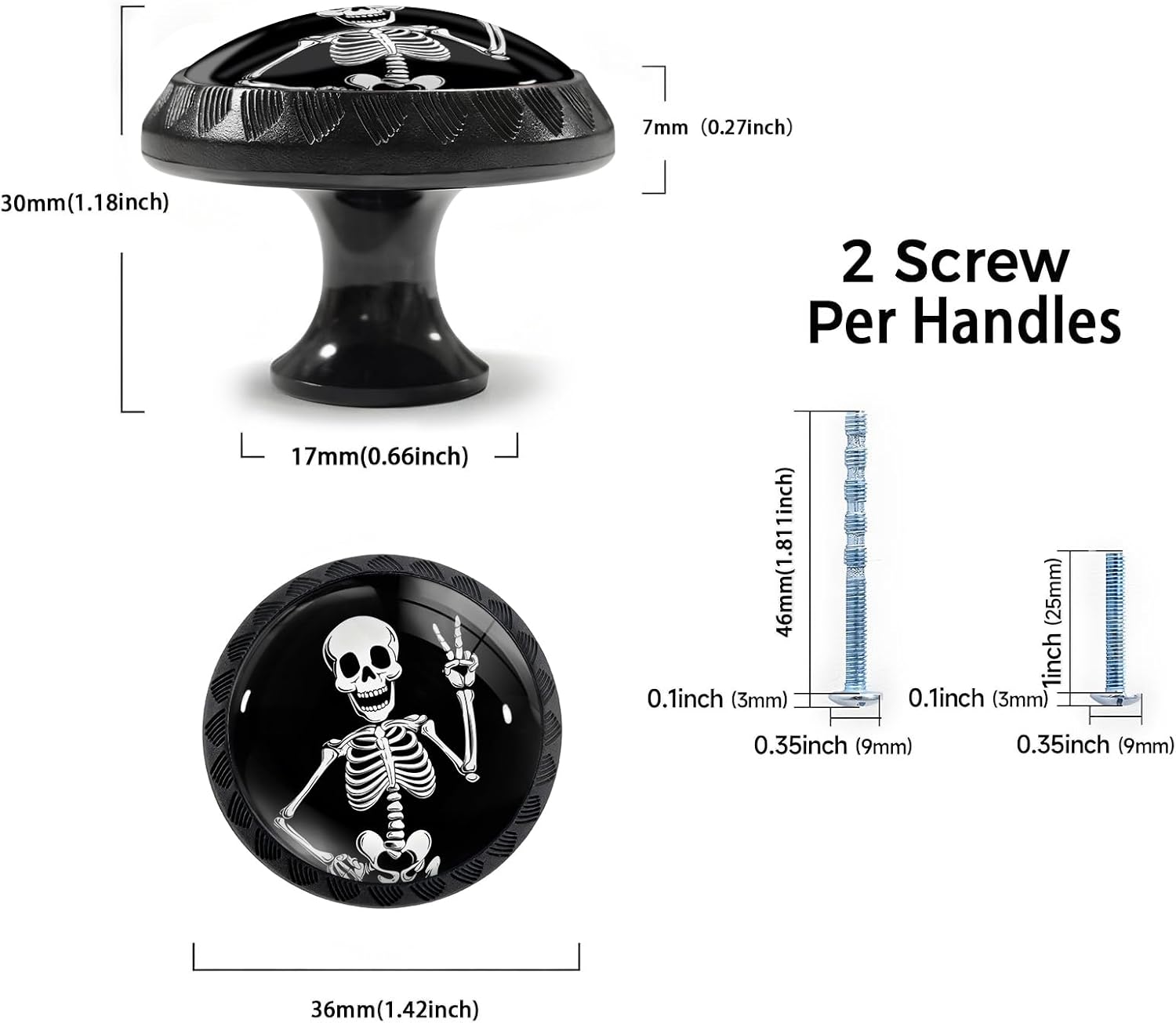 4 Pack Funny Skeleton Cabinet Knobs Round Drawer Pulls Black Dresser Knob Cupboard Door Handles Hardware for Kitchen Bathroom Cabinets