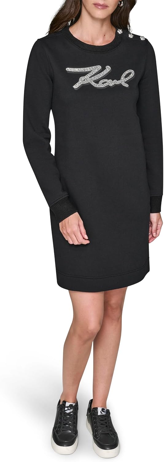 Karl Lagerfeld Women's Long Sleeve Crew Neck Comfy Athleisure Dress