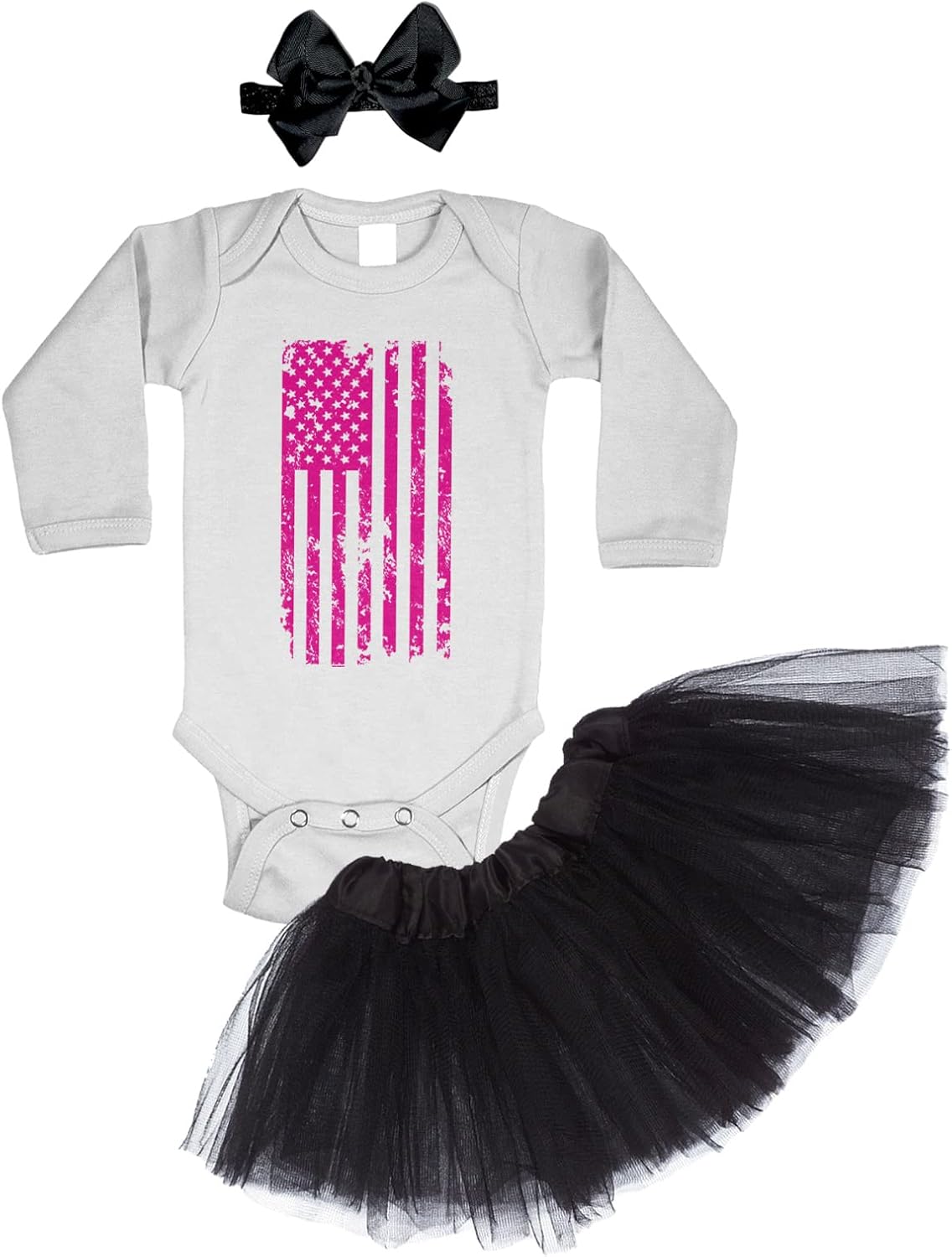 Pink American Flag - Breast Awareness Support Baby Bodysuit + Tutu Skirt + Bow Headband Set