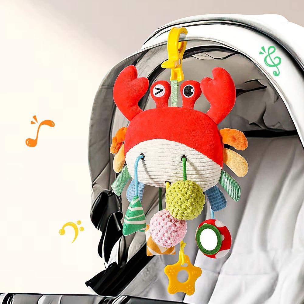 Car Seat Toys for Babies – Baby Car Seat Toy with Rattles, BB Sound & Soft Plush – Interactive Carseat Hanging, Perfect Stroller Toys for Infants & Toddlers