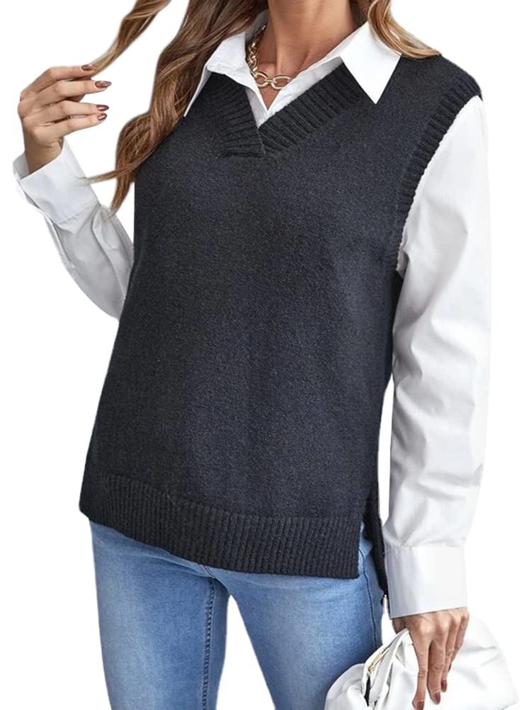 ORANDESIGNE Femmes Col en V sans Manches Couleur Unie à Carreaux en Tricot Gilet Tricots Décontracté en Tricot Débardeur Pull Filles Hiver Automne Style Preppy Argyle