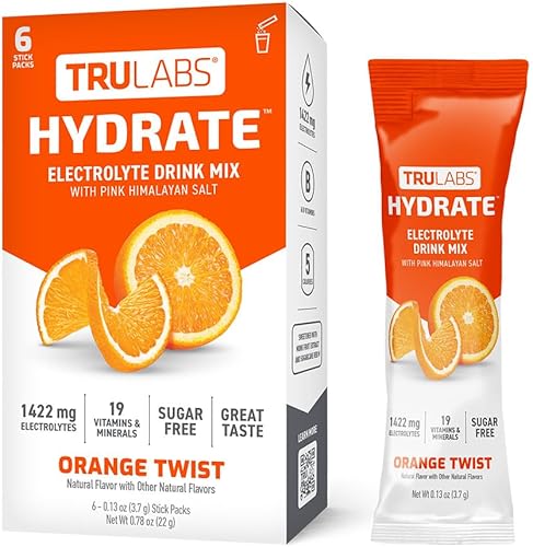 Vista 2 de TRULABS Hydrate - Orange Twist. Paquetes de hidratación de electrolitos sin azúcar. Cada porción contiene 1422 mg de electrolitos y 19 vitaminas
