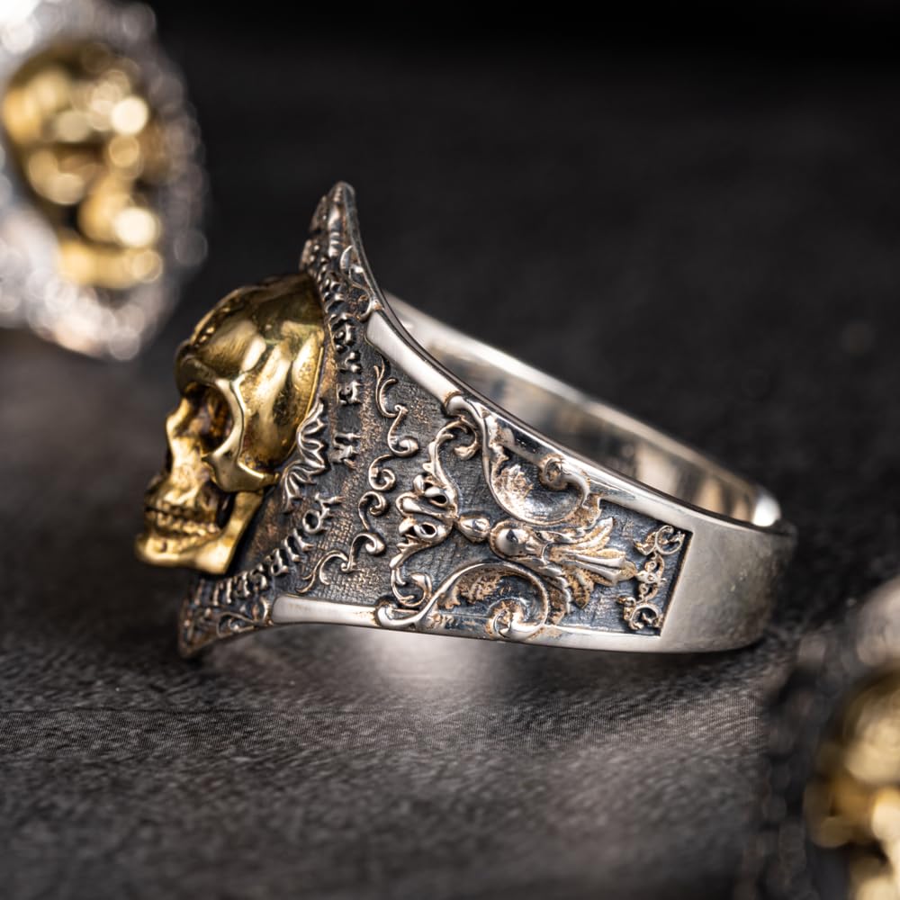 Anillo de calavera dorada de plata de ley 925 anillo meñique con flor de lis para hombre talla S/M/L ajustable