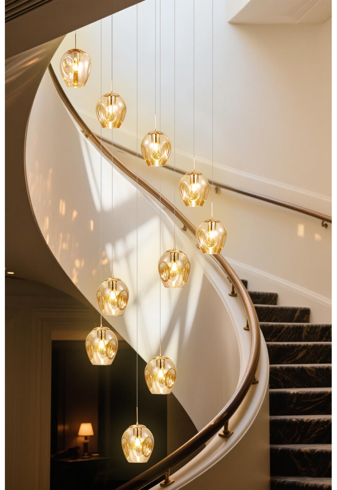 Pendelleuchte 10 Flammig Treppenhaus Glaskugeln Lampe Lang Decke Hängelampe,Längenverstellbare Hängeleuchte Kugelleuchte,Kugel Glas Hängend Deckenleuchte für Galerie,Treppenspirale,Flur