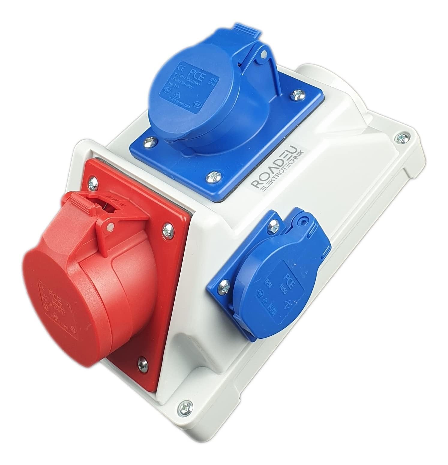 RoadEu - Presa di Corrente Industriale Combinata, Distributore da Parete CEE 5P Con Presa CEE 3P e Schuko 16A - Scatola di Distribuzione a Parete PCE