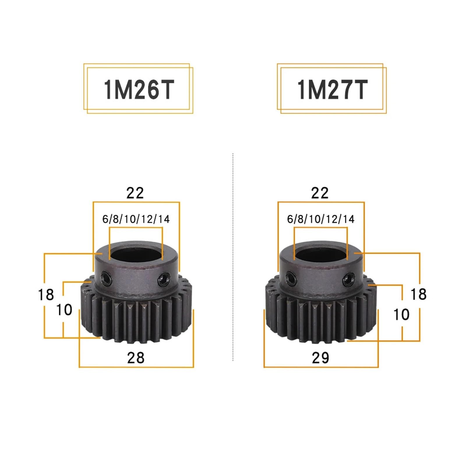 Bevel Gear Pinion Hardware Mechanical 1 Piece Module 1 Motor Gear 1M-26T/27T Carbon Steel Material Blackening Spur Gear Bore Size 6/8/10/12/14mm(8 mm-1M26T)