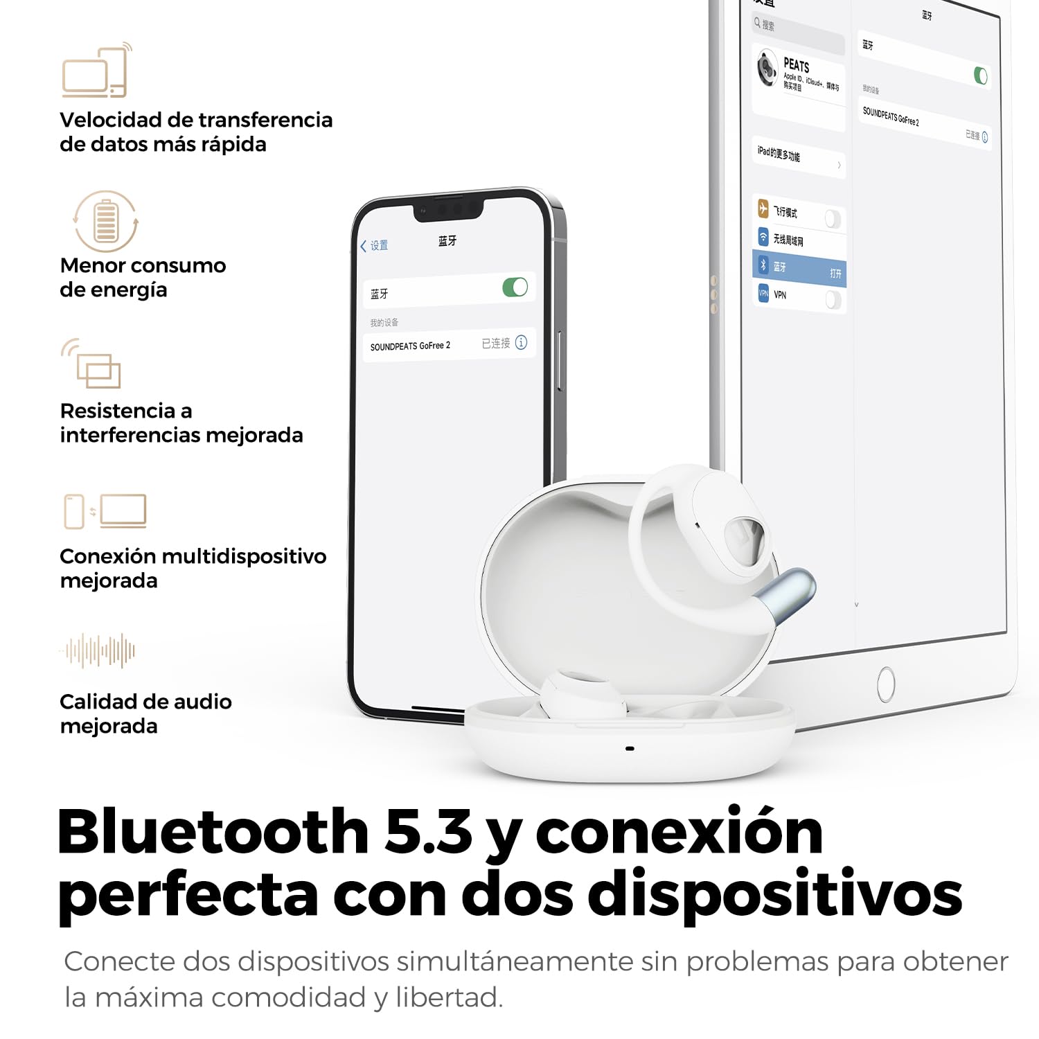 SoundPEATS GoFree 2 Auriculares Bluetooth 5.3 Auriculares Deportivos Bluetooth con Ganchos para Las Orejas Códec LDAC de Audio de Hi-Res, Controlador Multipunto de 16,2 mm, 35 Horas, Diseño Ligero