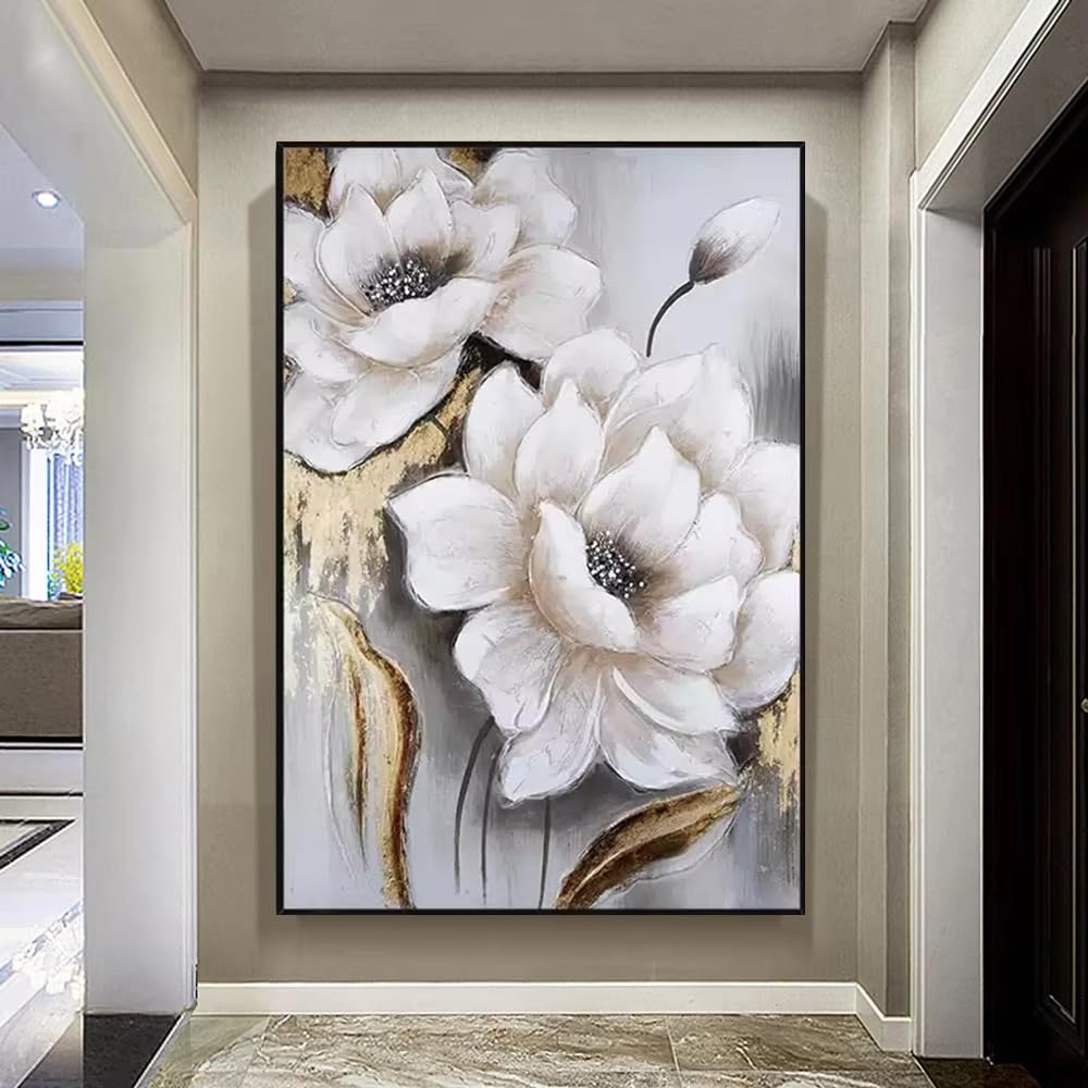 AEFOUU Wall Art Canvas Picture Print Vintage Golden White Chinese Style Lotus Decor Wall Paintings for Living Room Mural(80x140cm/32x55in/Frameless)